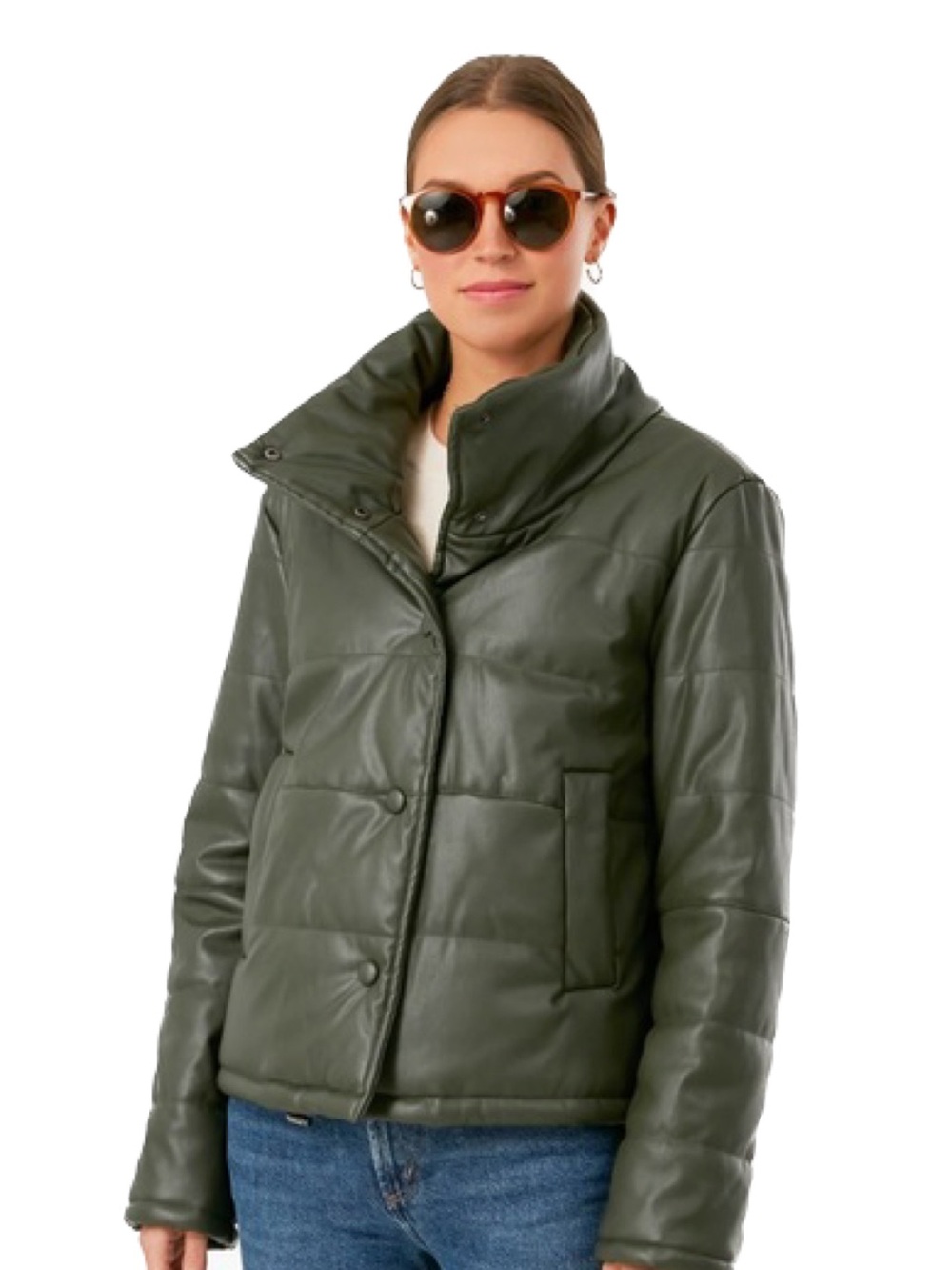 Pomander Place Women's Olive Green Faux Leather Puffer Jacket
